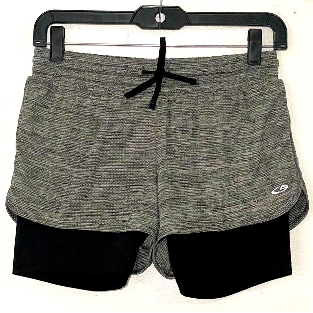 Champions Athletic Play Up 2 in 1 Gray Heathered Black Lined Drawstring Shorts